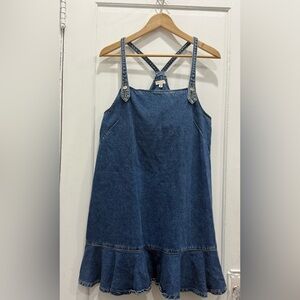 Denim Ruffle-Hem Pinafore Dress - Blue
